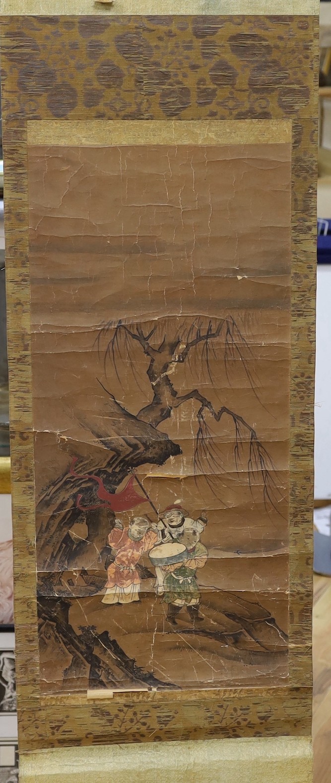 A 19th century Chinese scroll painting on paper of boys in a landscape, Image 69 cm X 31.5 cm